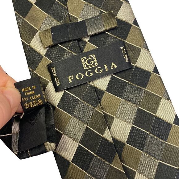Foggia Silk Neck Tie Black Grey Green Diamond Pattern - Picture 4 of 4